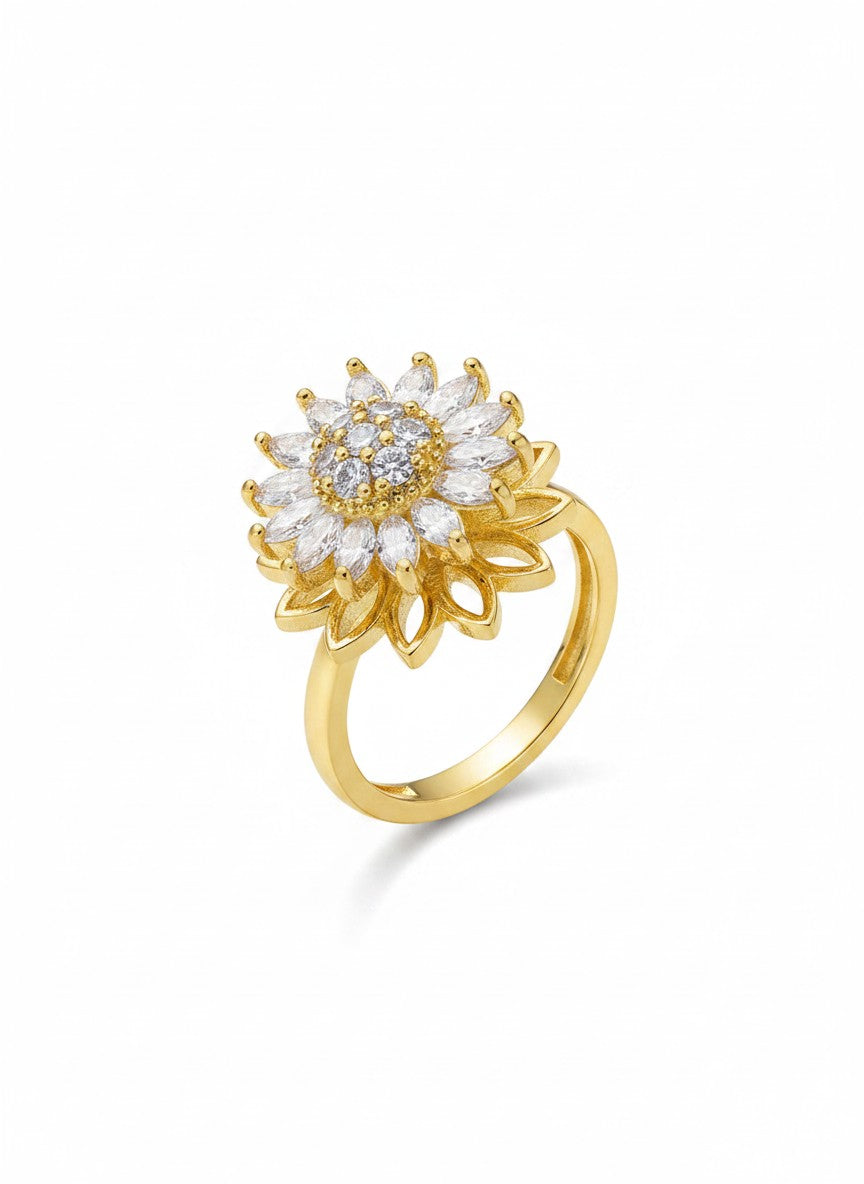 Solis Spinning Sunflower Statement Ring | Adjustable Gold Plated Kinetic Fidget Crystal Ring