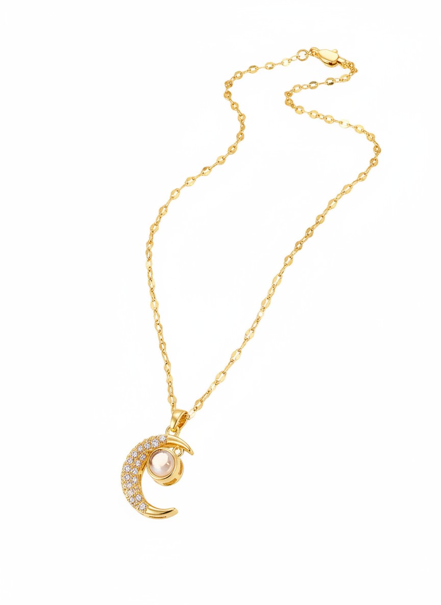 Selene 100 Languages "I Love You" Projection Necklace | Gold Plated Crystal Crescent Moon Pendant