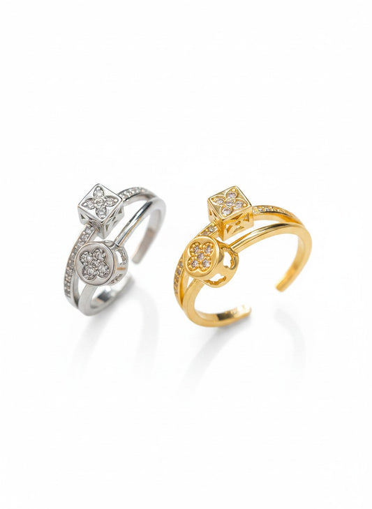 Fortuna Kinetic Spinning Clover & Dice Ring | Adjustable Pavé Crystal Lucky Fidget Ring