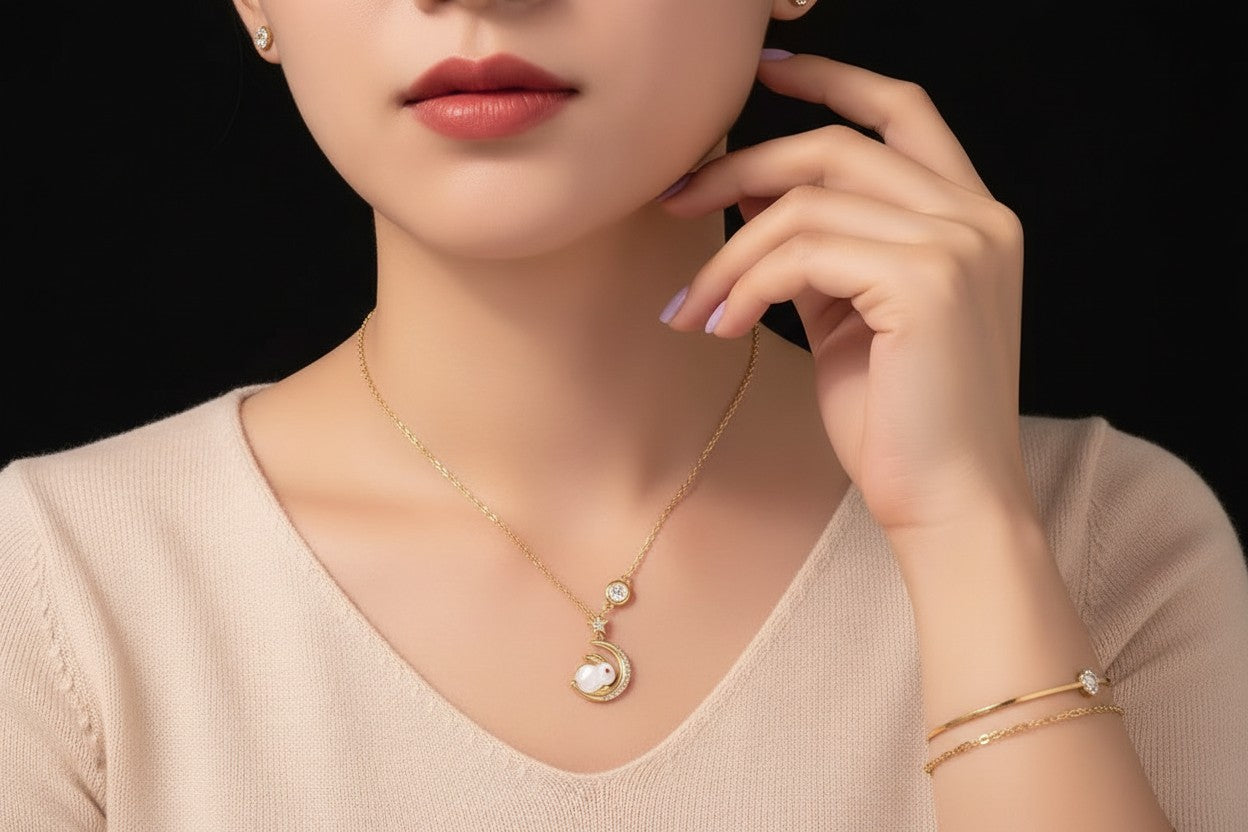 Gold Plated Crescent Moon & Rabbit Necklace