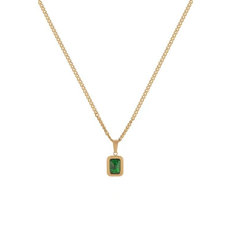Emerald Horizon Geometric Pendant Necklace | Waterproof Titanium Steel Green Rhinestone Choker