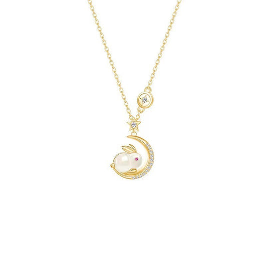 Gold Plated Crescent Moon & Rabbit Necklace