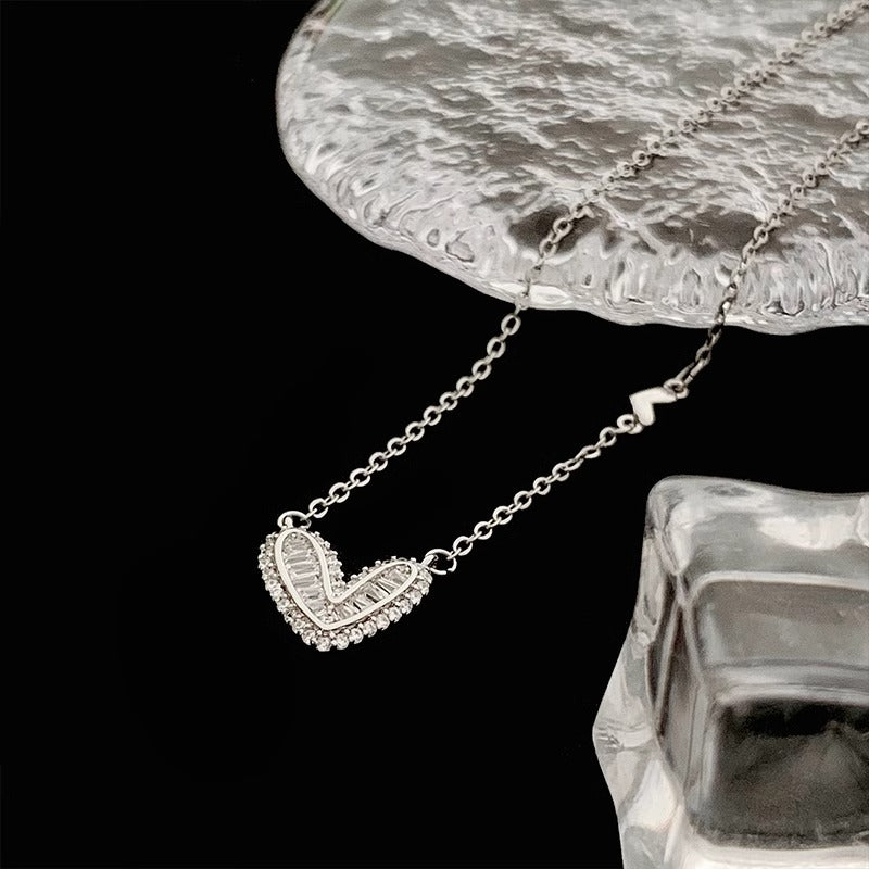 Amour Baguette Crystal Heart Pendant Necklace | Asymmetrical Gold Plated Pavé Halo Choker