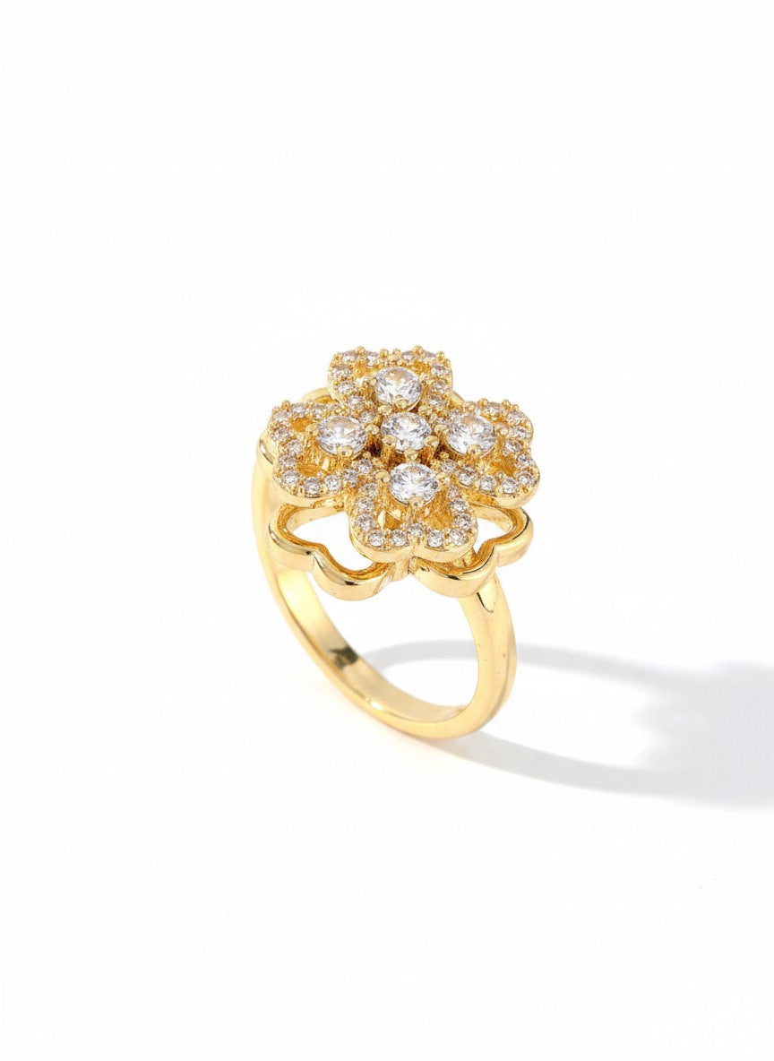 Empress Pavé Clover Statement Ring | Gold Plated Layered Crystal Blossom Cocktail Ring