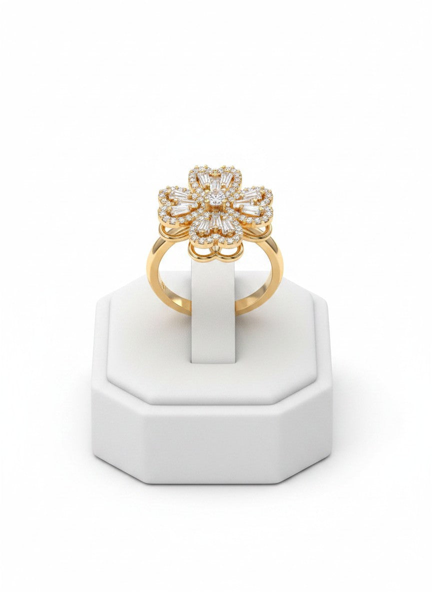 Grand Pavé & Baguette Crystal Blossom Ring | Gold or Silver Plated Tiered Floral Cocktail Ring