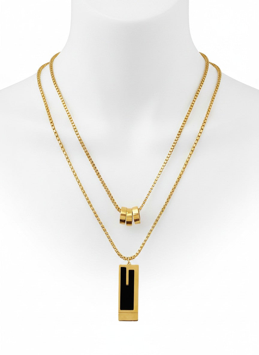 Urban Minimalist Double-Layered Necklace Set | Gold Plated Geometric Bar & Sliding Barrel Choker