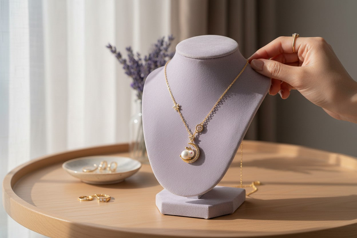 Gold Plated Crescent Moon & Rabbit Necklace
