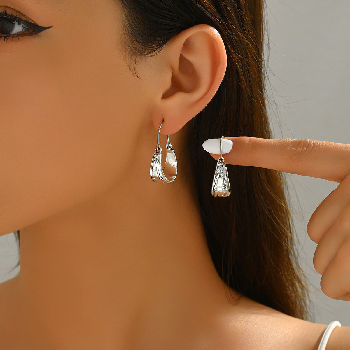 Sienna Antique Silver Tribal Crescent Hoops | Vintage Engraved Geometric Latch-Back Earrings
