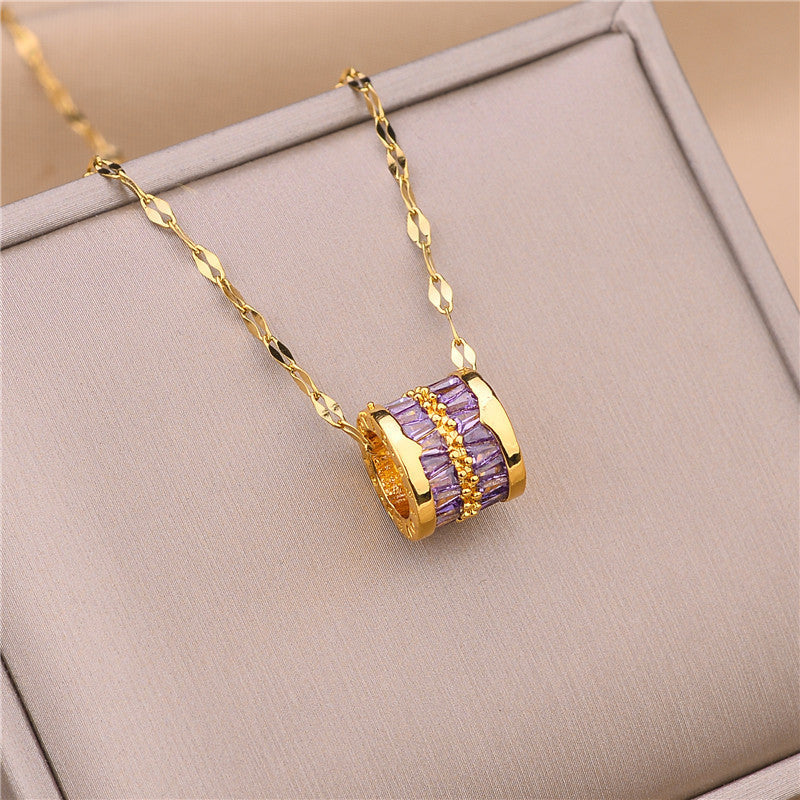 Luxury 18K Gold Plated Barrel Necklace with Baguette Crystals | Cylinder Pendant Clavicle Chain Jewelry Gift for Her