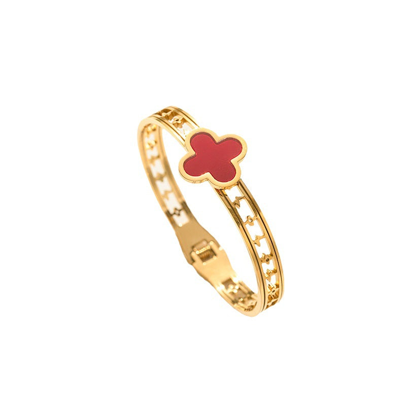 Minimalist Geometric Titanium Steel Bracelet with Micro-Pavé Zirconia for Women – Clover Edition