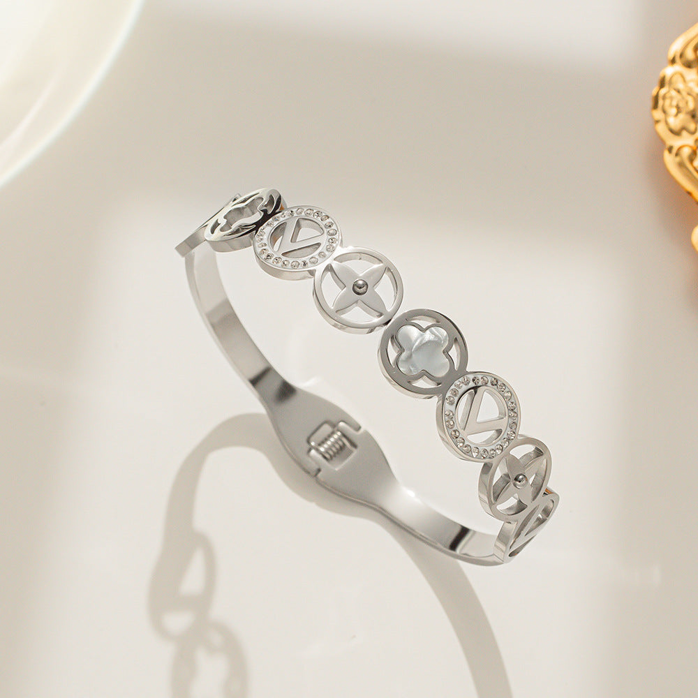 Minimalist Geometric Titanium Steel Bracelet with Micro-Pavé Zirconia for Women
