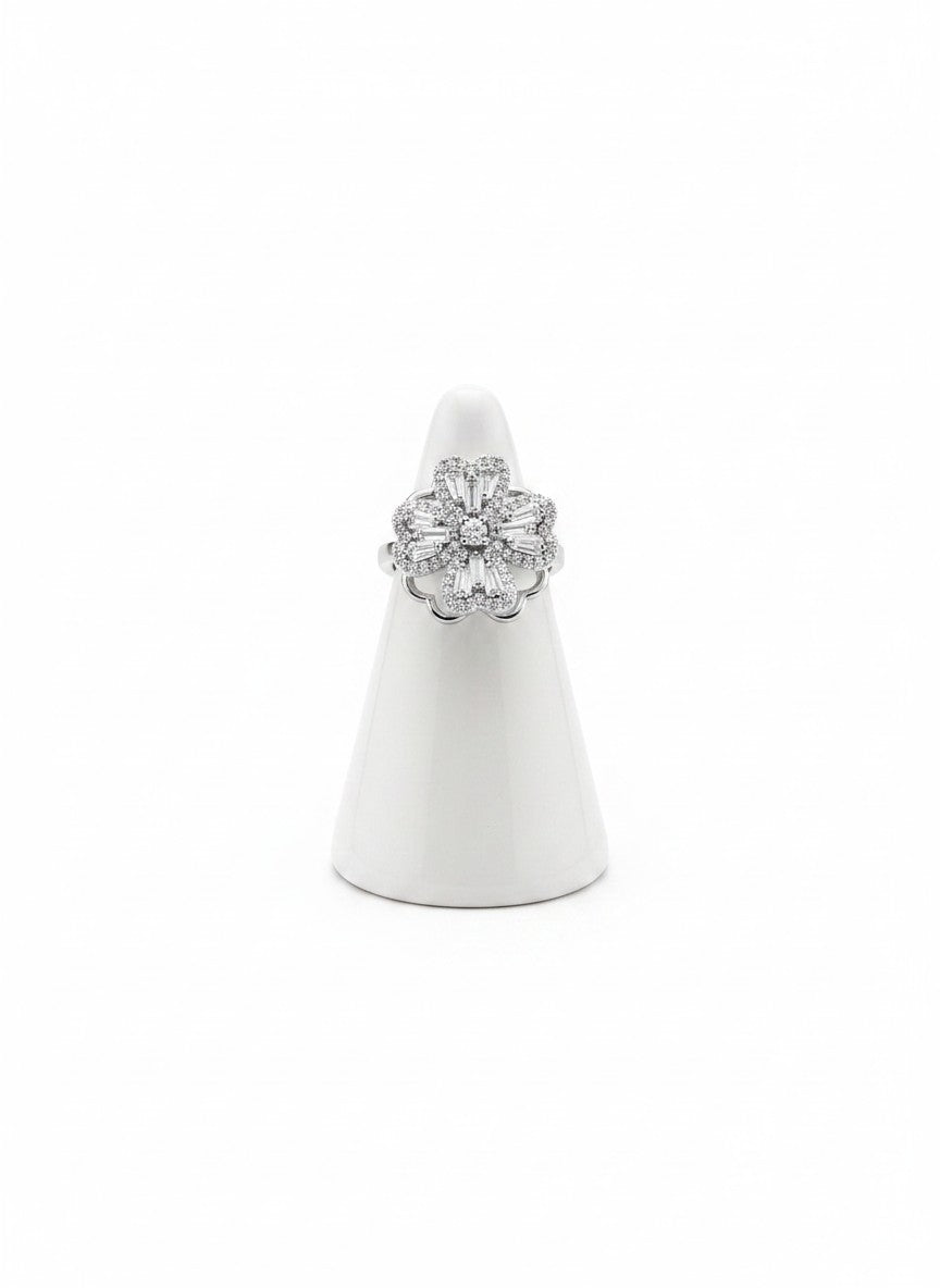 Grand Pavé & Baguette Crystal Blossom Ring | Gold or Silver Plated Tiered Floral Cocktail Ring