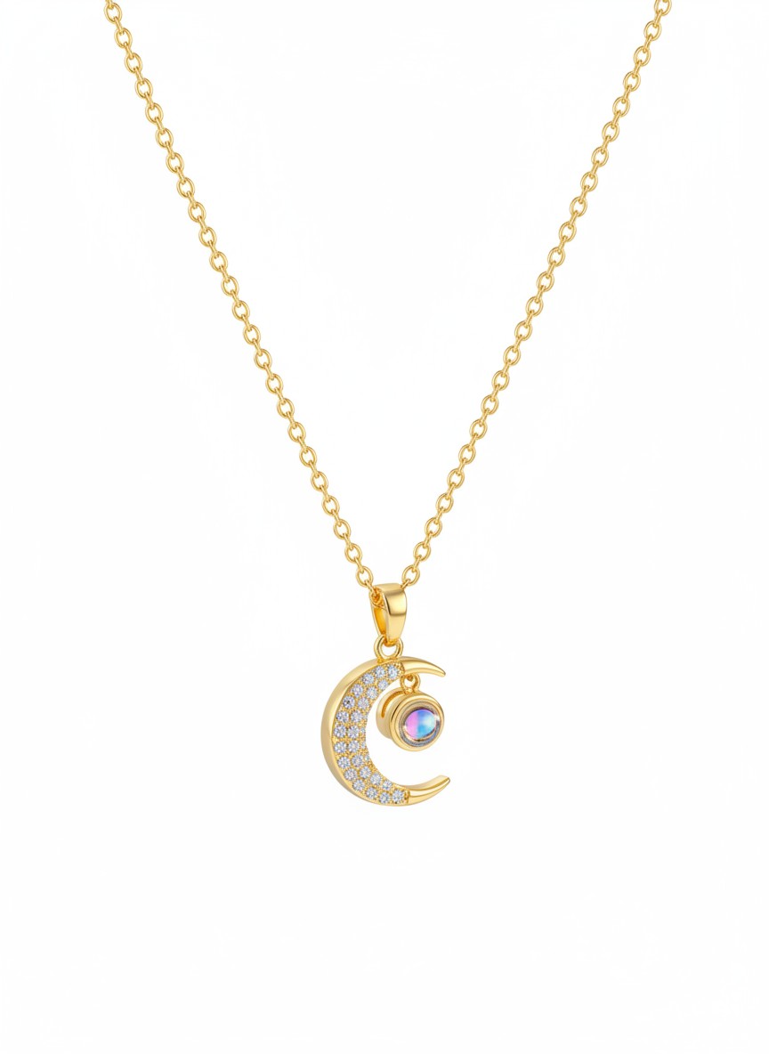 Selene 100 Languages "I Love You" Projection Necklace | Gold Plated Crystal Crescent Moon Pendant