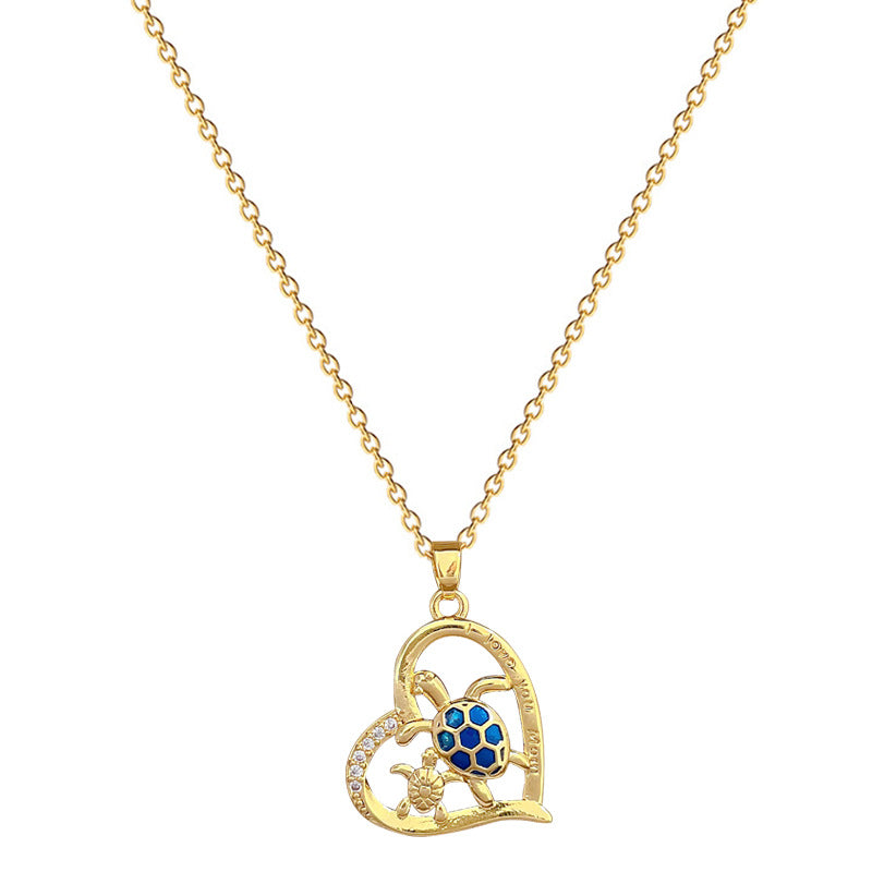 Blue Opal Sea Turtle Mother & Child Heart Necklace