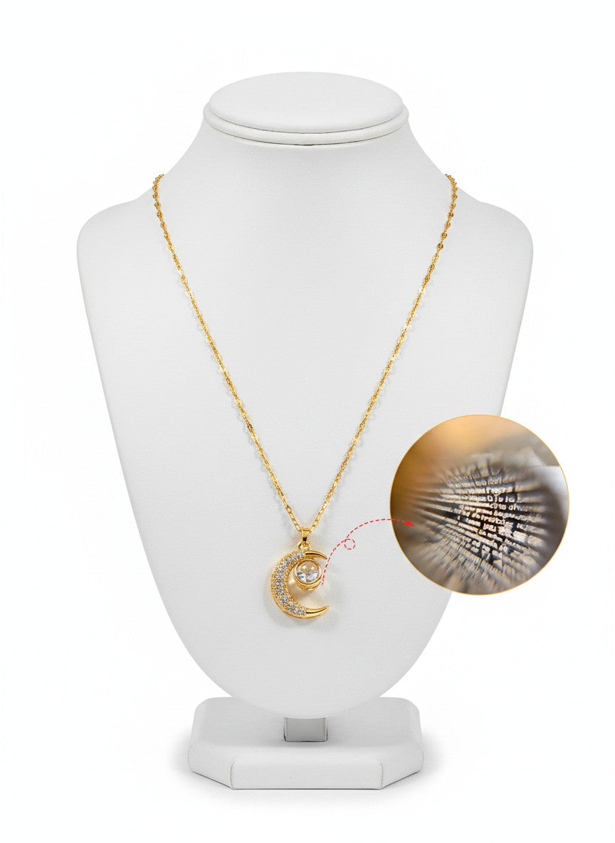Selene 100 Languages "I Love You" Projection Necklace | Gold Plated Crystal Crescent Moon Pendant