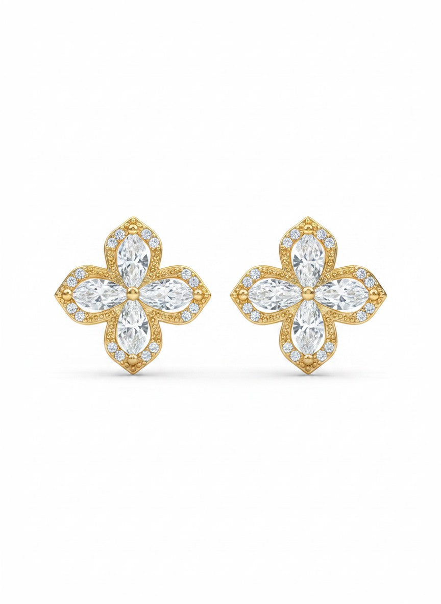 Mariposa Marquise Crystal Clover Stud Earrings | Gold Plated Pavé Floral Earring