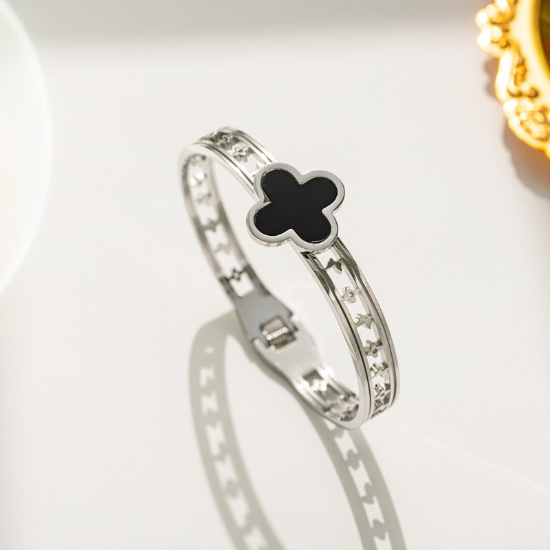 Minimalist Geometric Titanium Steel Bracelet with Micro-Pavé Zirconia for Women – Clover Edition