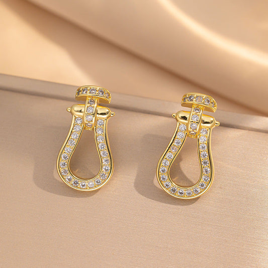 Chelsea Pave Zircon Stirrup Stud Earrings | Silver/ Gold Plated Equestrian Horseshoe Geometric Studs
