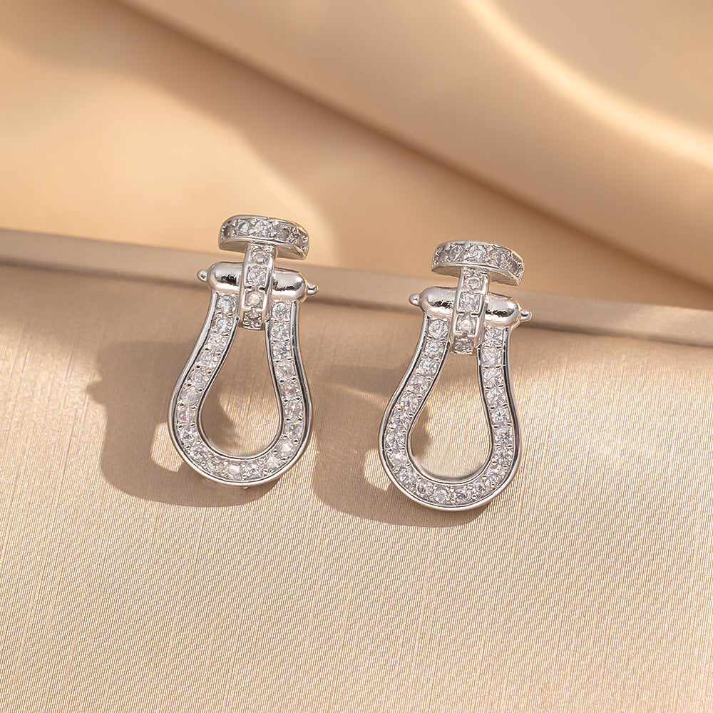 Chelsea Pave Zircon Stirrup Stud Earrings | Silver/ Gold Plated Equestrian Horseshoe Geometric Studs