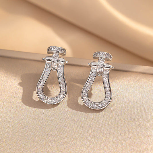Chelsea Pave Zircon Stirrup Stud Earrings | Silver/ Gold Plated Equestrian Horseshoe Geometric Studs