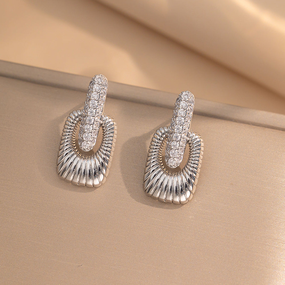 Monaco Ribbed Door Knocker Stud Earrings | Silver/ Gold Plated Pave Zircon Geometric Drop Studs