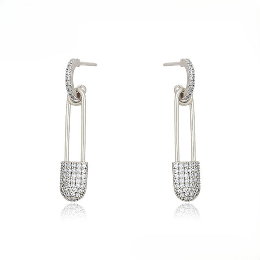 Rebel Sparkle Platinum Plated Safety Pin Earrings | Micro-Pave Crystal Edge Drop Dangle Earrings
