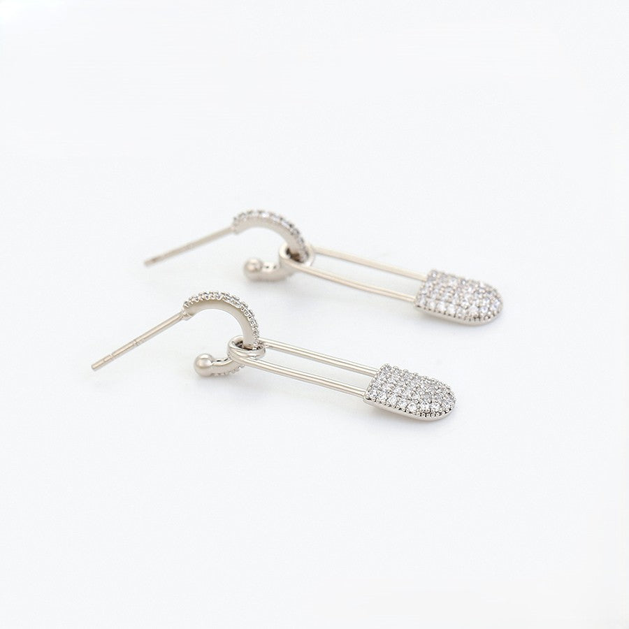 Rebel Sparkle Platinum Plated Safety Pin Earrings | Micro-Pave Crystal Edge Drop Dangle Earrings