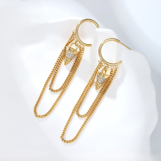 14K Gold Plated Bullet Spike Chain Dangle Hoop Earrings