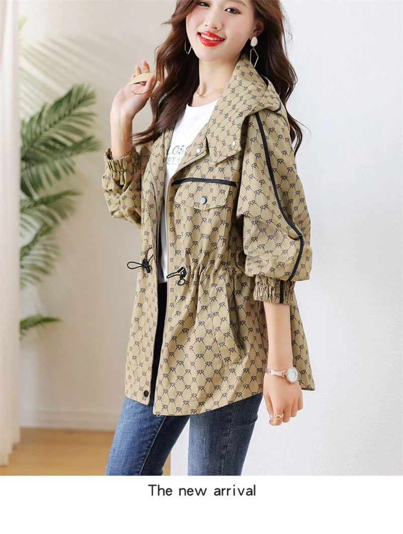 2024 Spring Autumn Korean High-grade Casual Hooded Windbreaker Women Loose Temperament Fashion Print Trench Coat Female Outcoat