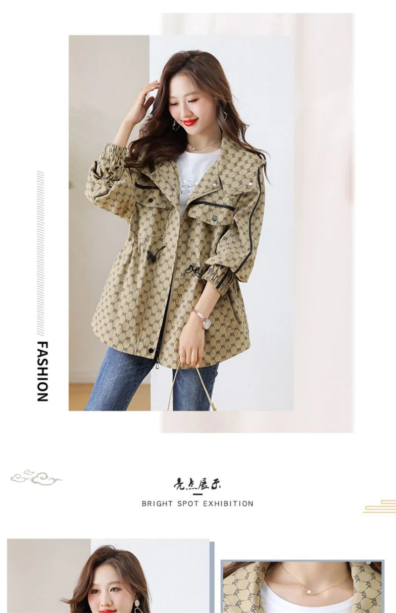 2024 Spring Autumn Korean High-grade Casual Hooded Windbreaker Women Loose Temperament Fashion Print Trench Coat Female Outcoat