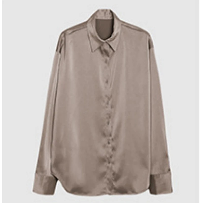 Fashion Button Up Satin Silk Shirt Vintage Blouse Women White Tops Lady Long Sleeves Female Loose Street Shirts