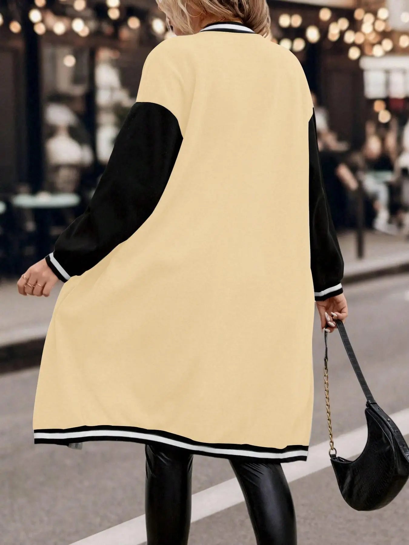 Plus Colorblock Letter Print Button Front Drop Shoulder Midi Varsity Jacket, Casual Contrast Binding Long Sleeve Baseball Collar