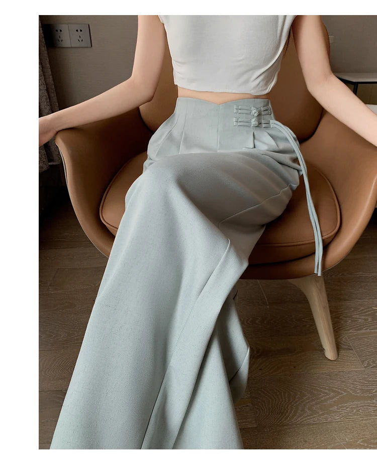 New Linen High Waist Suit Wide Leg Women's Full Pants Spring Summer Female Elegant Minimalism Straight Loose Trousers