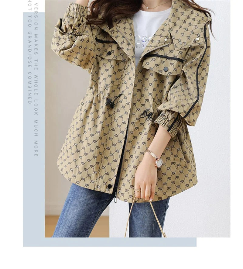 2024 Spring Autumn Korean High-grade Casual Hooded Windbreaker Women Loose Temperament Fashion Print Trench Coat Female Outcoat