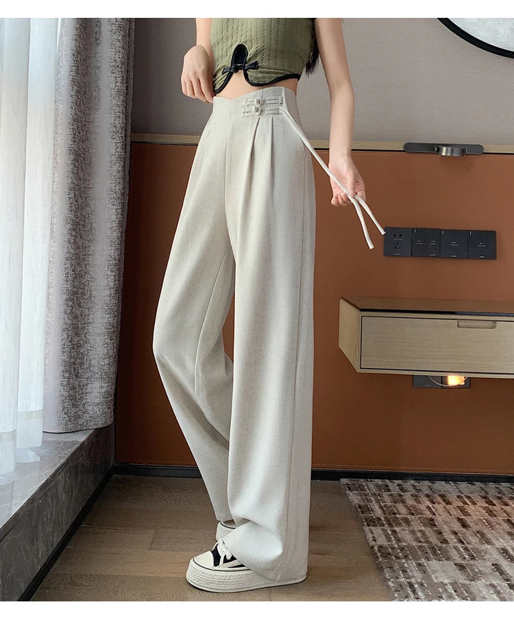 New Linen High Waist Suit Wide Leg Women's Full Pants Spring Summer Female Elegant Minimalism Straight Loose Trousers