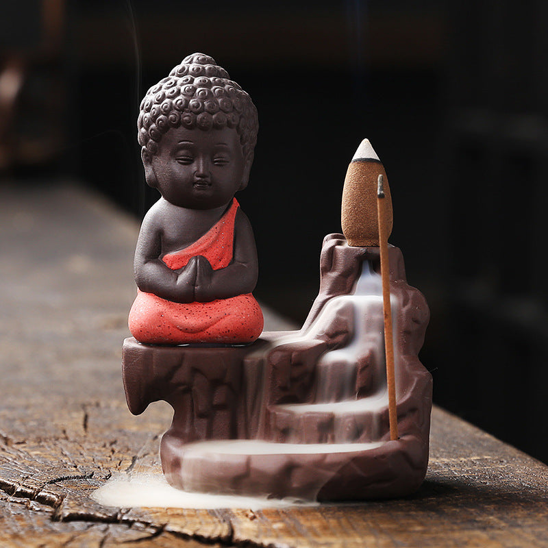 1pc Ceramic Waterfall Incense Burner Cute Monk Backflow Incense Burner Bodhisattva Buddha Burner Home Decor (Without Incense)