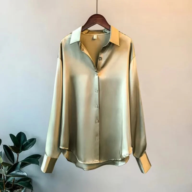 Fashion Button Up Satin Silk Shirt Vintage Blouse Women White Tops Lady Long Sleeves Female Loose Street Shirts