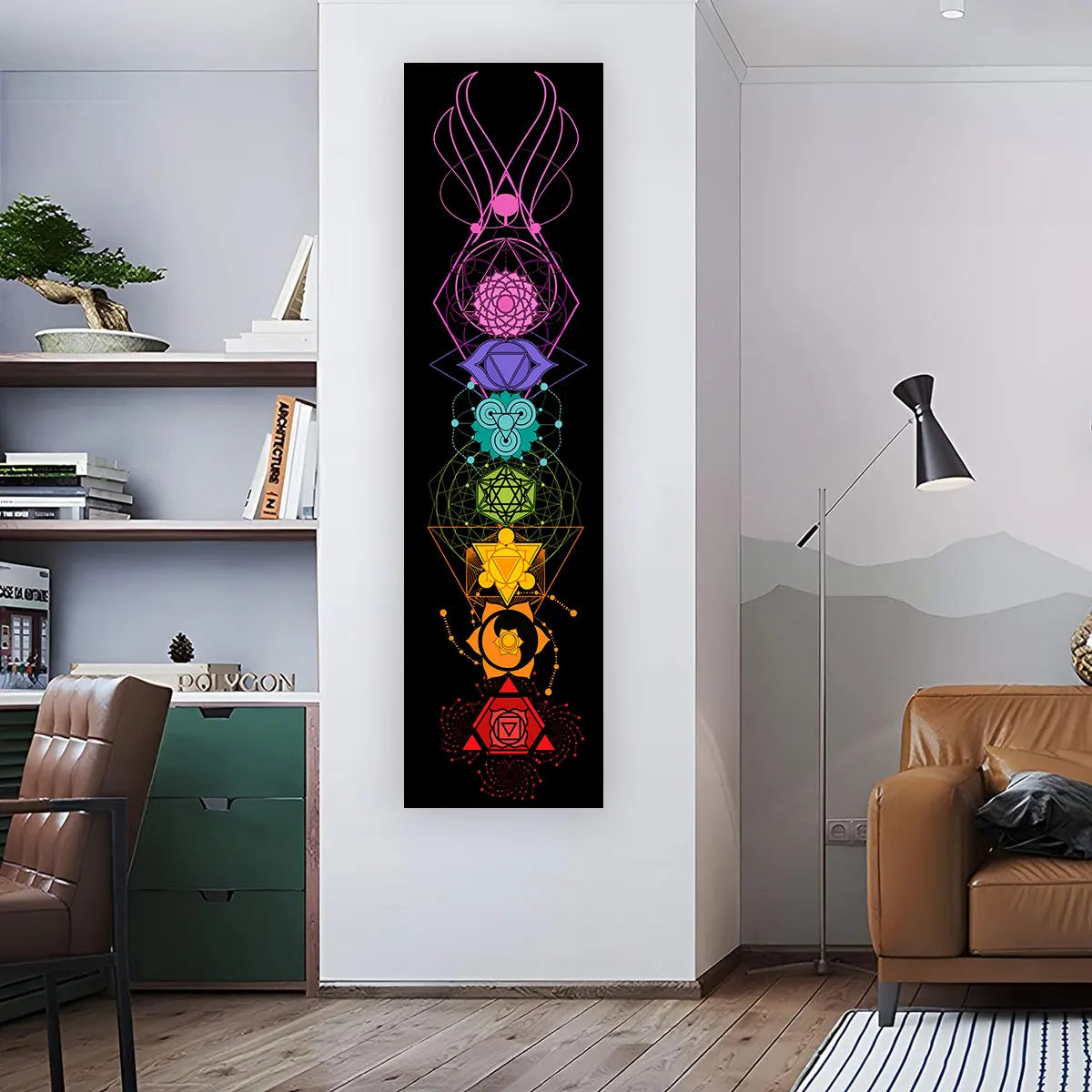 Colorful Chakra Wall Tapestry Yoga Meditation Wall Hanging for Bedroom Home Decor Black Wall Art Decor with Spiritual Energy