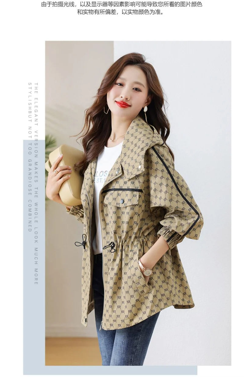 2024 Spring Autumn Korean High-grade Casual Hooded Windbreaker Women Loose Temperament Fashion Print Trench Coat Female Outcoat