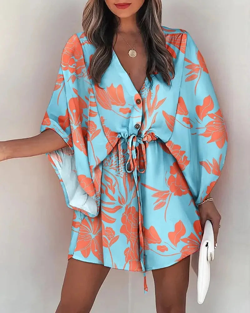 Summer Dress For Women New Floral Print Bat Half-Sleeve V-Neck Ruffle Irregular Hem Female Dress Casual Boho Women Clothes