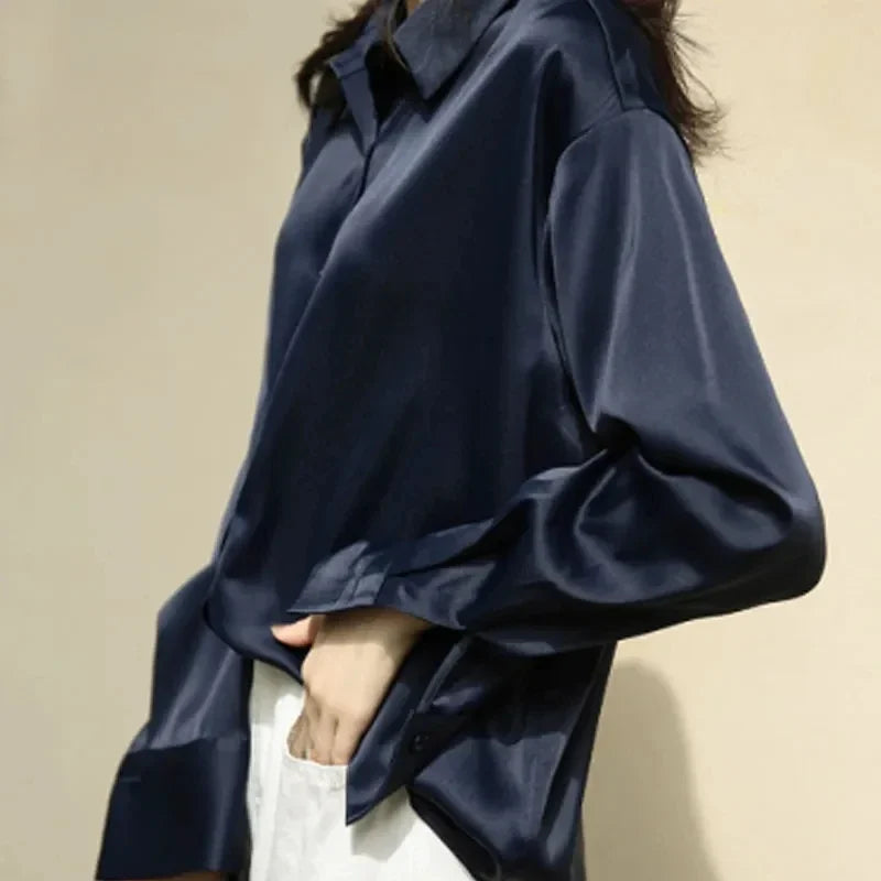 Fashion Button Up Satin Silk Shirt Vintage Blouse Women White Tops Lady Long Sleeves Female Loose Street Shirts