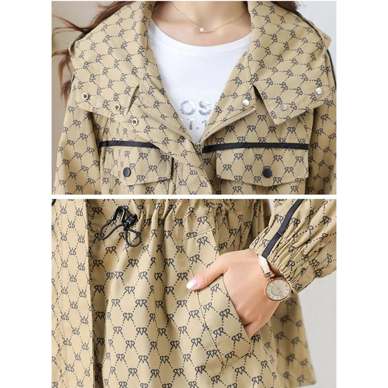 2024 Spring Autumn Korean High-grade Casual Hooded Windbreaker Women Loose Temperament Fashion Print Trench Coat Female Outcoat