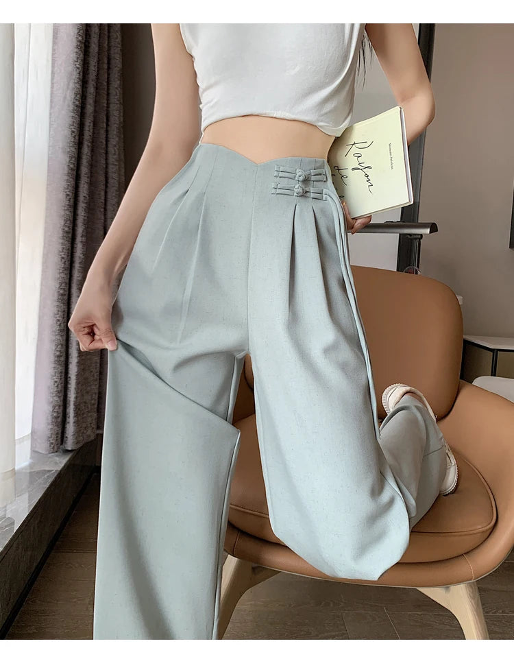 New Linen High Waist Suit Wide Leg Women's Full Pants Spring Summer Female Elegant Minimalism Straight Loose Trousers
