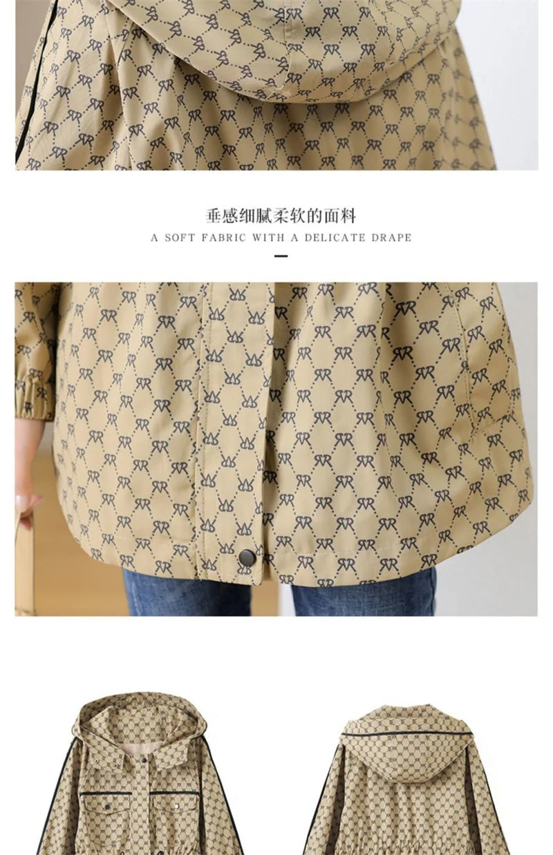 2024 Spring Autumn Korean High-grade Casual Hooded Windbreaker Women Loose Temperament Fashion Print Trench Coat Female Outcoat