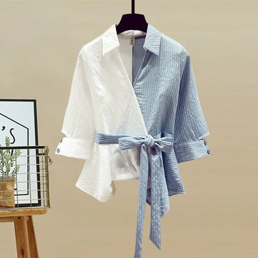 Summer New Stitched Chiffon Shirt Female Set Elegant Women's Jeans Casual Blouse Two Piece Set Ladies Tracksuits