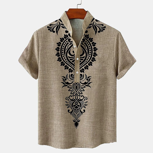 Ethnic Style 3D Print Henley Shirts Men's Fashion Oversized Button Stand Collar Short Sleeve T Shirt Male Tees Tops Man Clothing
