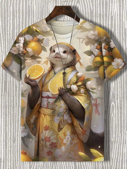 Men's T-Shirt Japanese Style Samurai Cat Graphic 3D Printed T-Shirt Casual Short Sleeved Tee Outdoor Oversized Men Clothing Tops