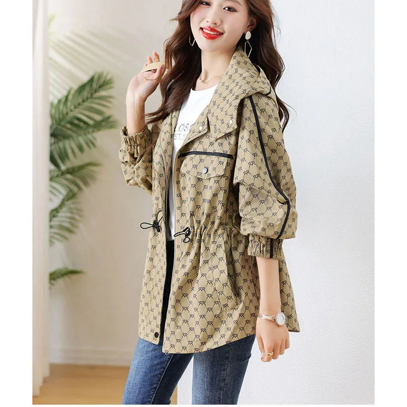 2024 Spring Autumn Korean High-grade Casual Hooded Windbreaker Women Loose Temperament Fashion Print Trench Coat Female Outcoat