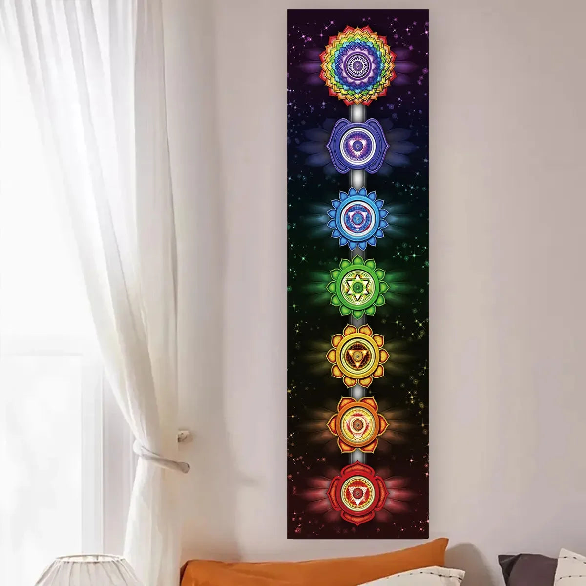 Colorful Chakra Wall Tapestry Yoga Meditation Wall Hanging for Bedroom Home Decor Black Wall Art Decor with Spiritual Energy