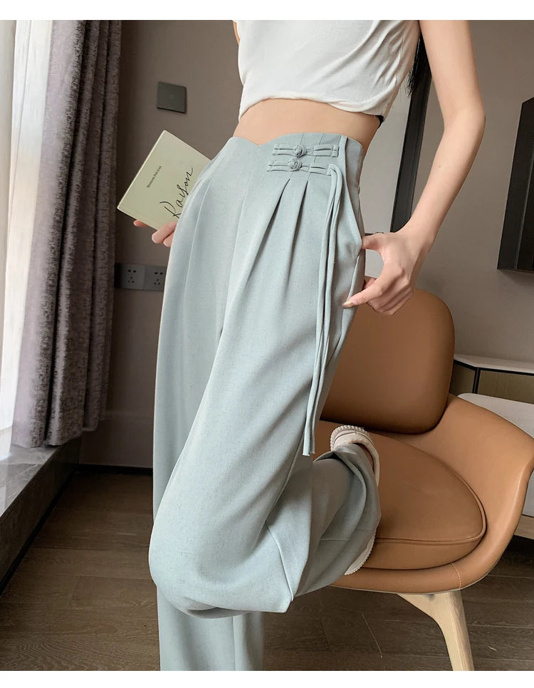 New Linen High Waist Suit Wide Leg Women's Full Pants Spring Summer Female Elegant Minimalism Straight Loose Trousers